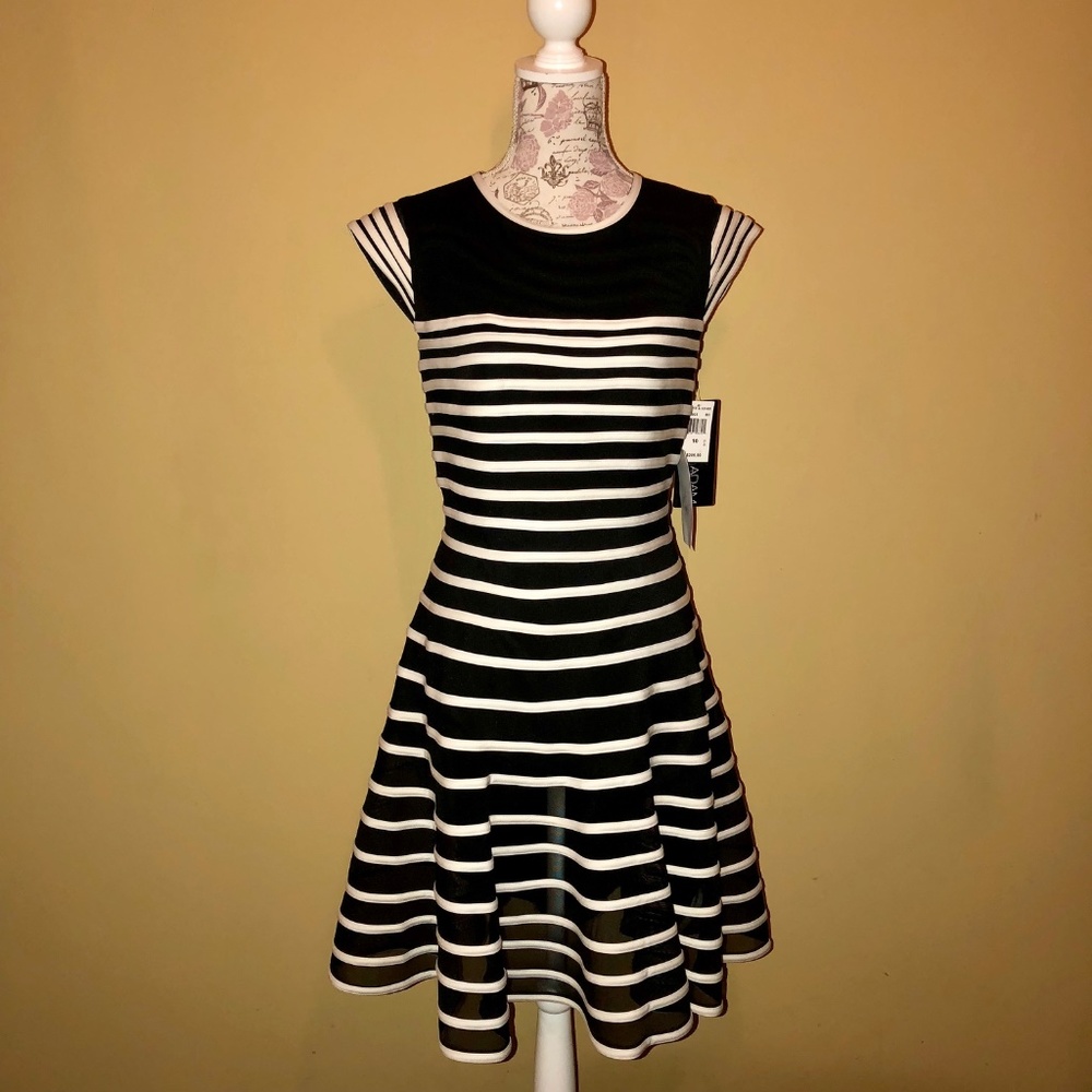 NWT.  Black & White Mesh Striped Cocktail Dress